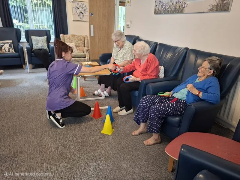 Care staff leading a seated exercise game with residents in the lounge at The Chestnuts