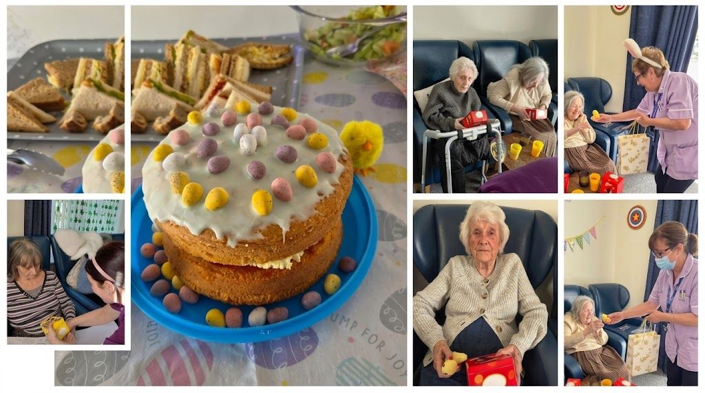 Residents celebrating Easter with an egg hunt and homemade cake at Chestnuts Residential Care Home in Weymouth.
