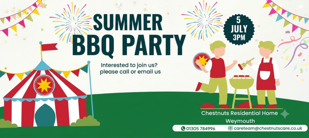 Colorful summer BBQ party banner for Chestnuts Residential Home in Weymouth featuring a circus tent, staff grilling food, and event details for July 5th at 3 PM.